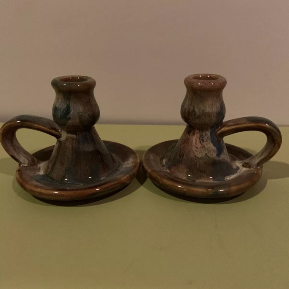 Vintage Set Of Handmade Drip Glaze Pottery Candlestick Holders